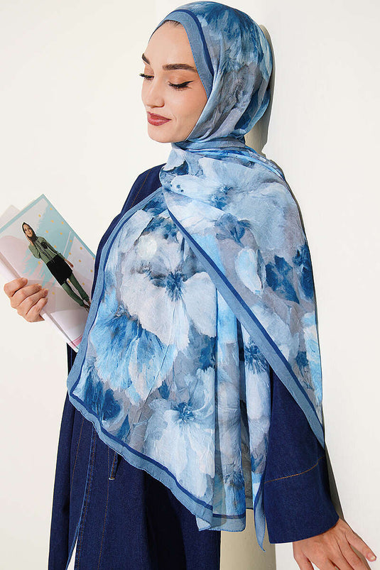Blue Striped Floral Bamboo Kraş Shawl