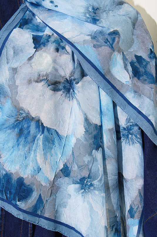 Blue Striped Floral Bamboo Kraş Shawl