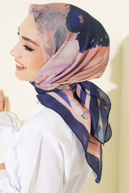 Şerit Geçişli Desen Detaylı Eşarp Lacivert