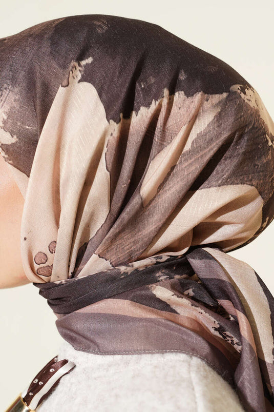 Şerit Geçişli Desen Detaylı Eşarp Vizon