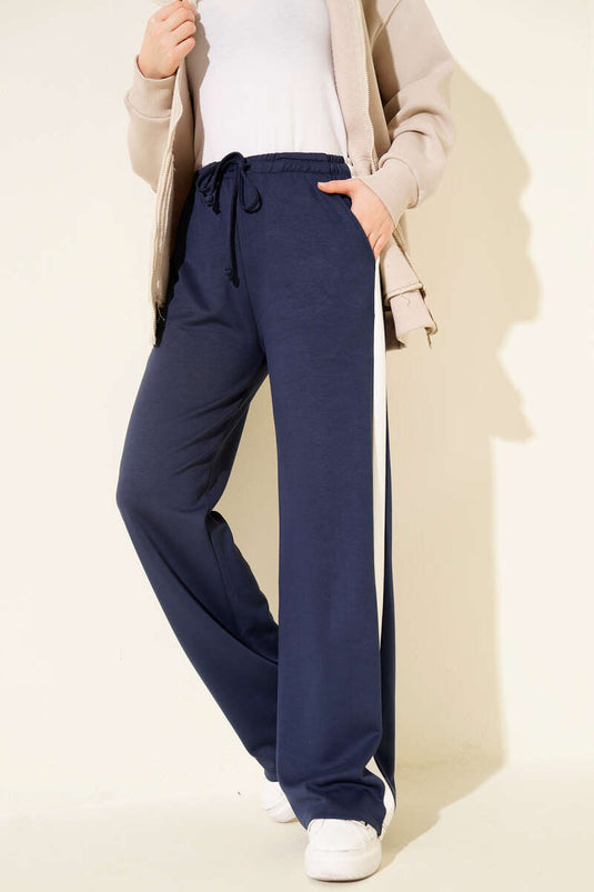 Navy Blue Pants with Ribbon Detail and Drawstring