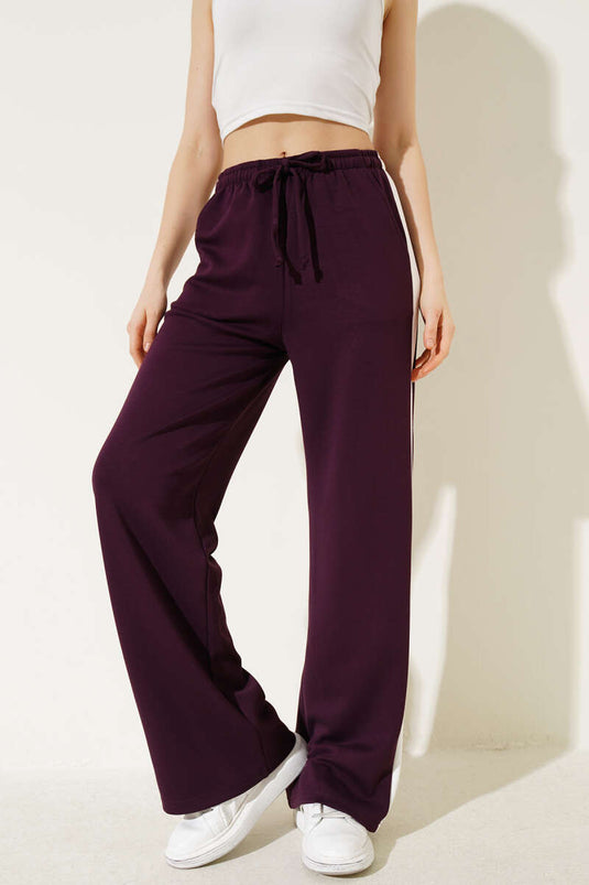 Şerit Geçişli İp Bağcıklı Pantolon Mürdüm