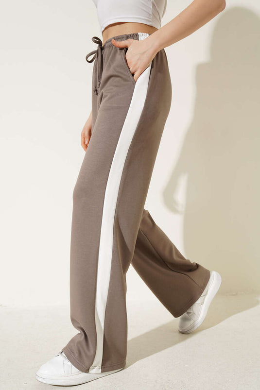 Beige Gestreifte Kordelzughose