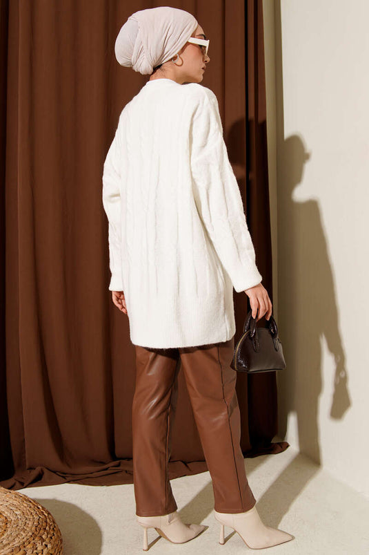 Şerit Örgülü Yumoş Triko Tunik Ekru