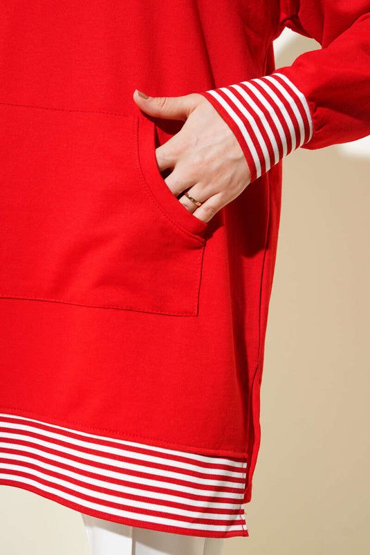 Gestreifte, gerippte Tunika mit Kängurutasche in Rot