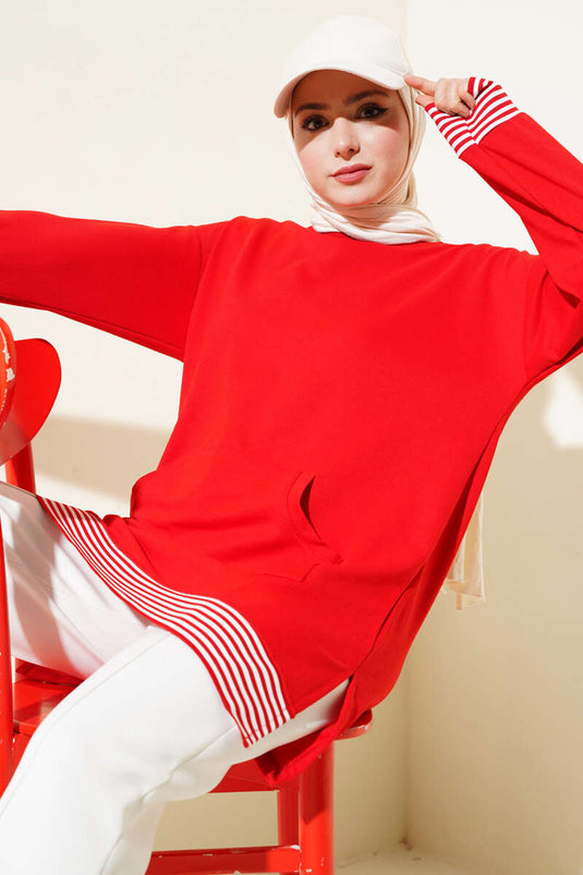 Gestreifte, gerippte Tunika mit Kängurutasche in Rot