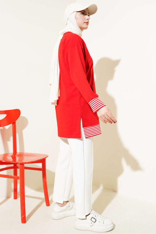 Gestreifte, gerippte Tunika mit Kängurutasche in Rot