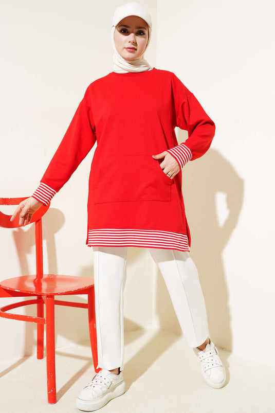 Gestreifte, gerippte Tunika mit Kängurutasche in Rot