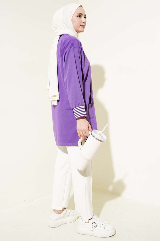 Striped Ribbed Kangaroo Pocket Tunic Violet