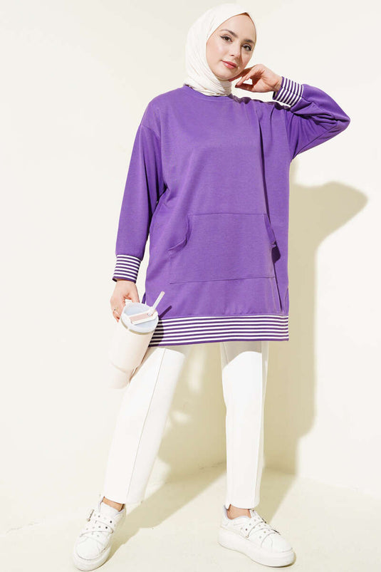 Striped Ribbed Kangaroo Pocket Tunic Violet