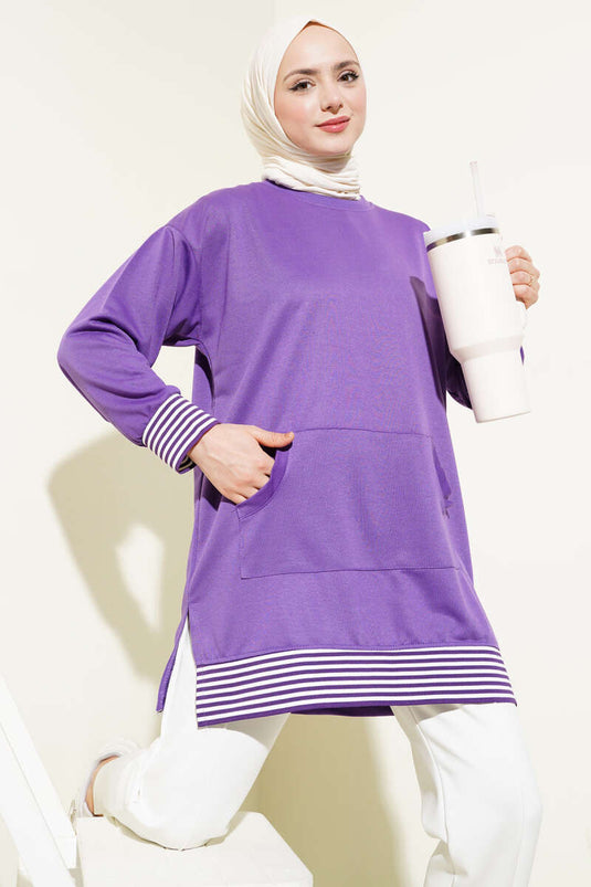 Striped Ribbed Kangaroo Pocket Tunic Violet