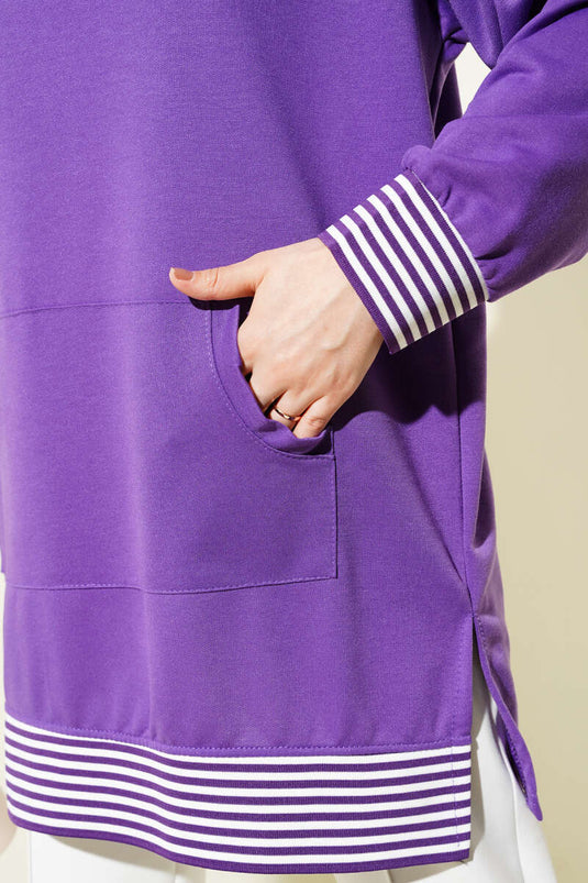 Striped Ribbed Kangaroo Pocket Tunic Violet