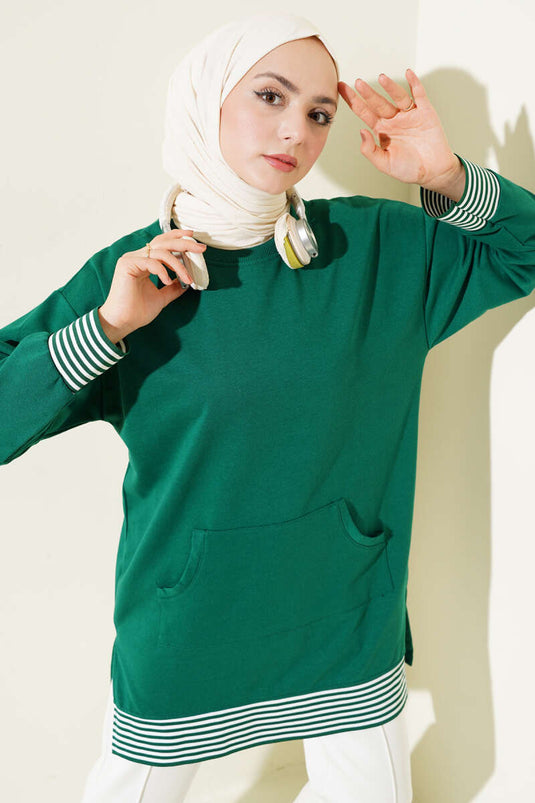 Striped Ribbed Kangaroo Pocket Tunic Green