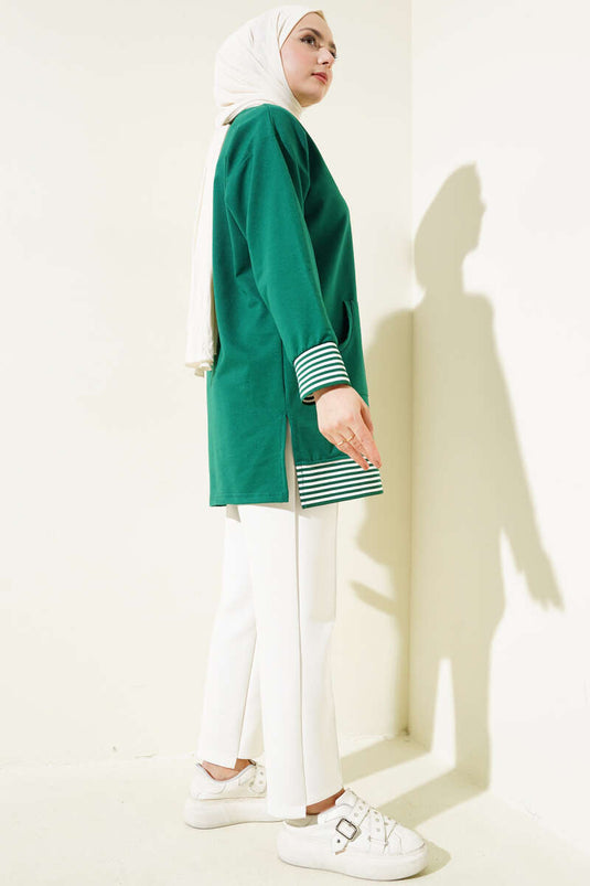 Striped Ribbed Kangaroo Pocket Tunic Green