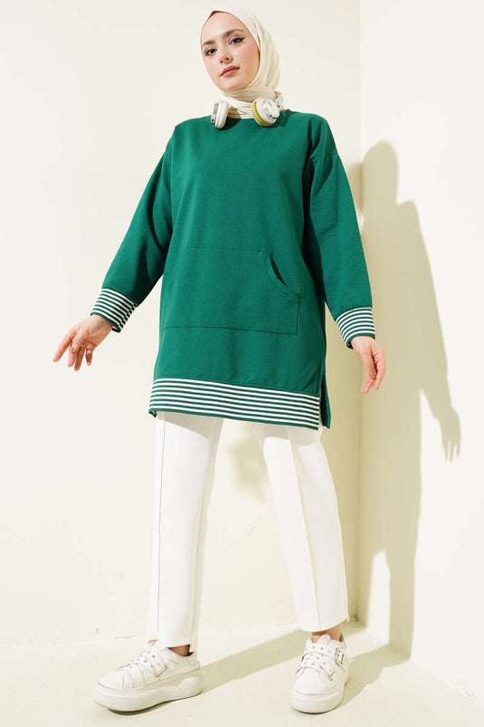 Striped Ribbed Kangaroo Pocket Tunic Green