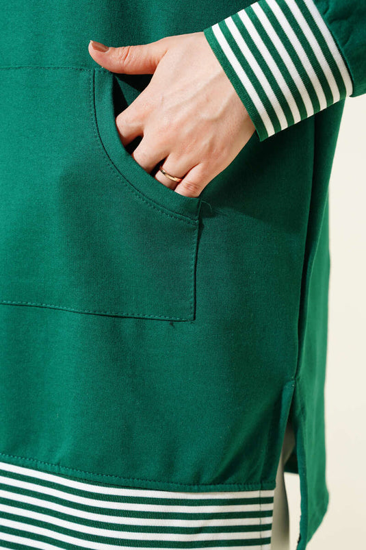 Striped Ribbed Kangaroo Pocket Tunic Green
