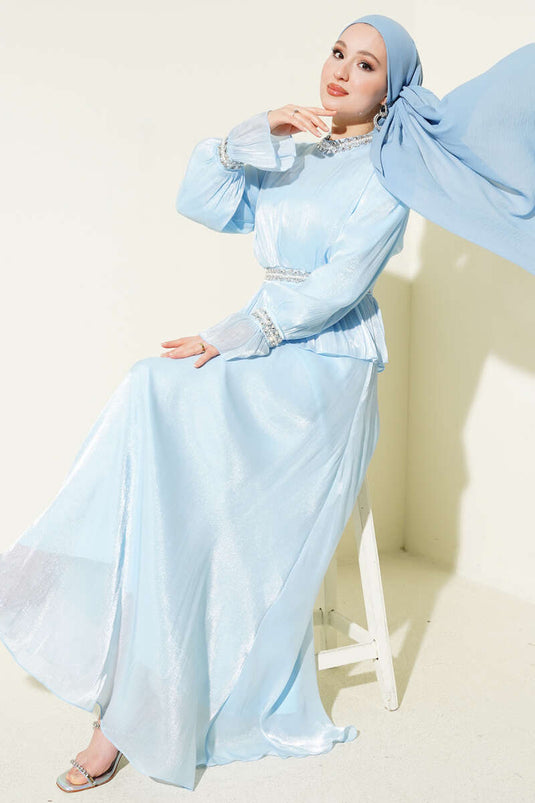 Evening Dress with Ribbon and Stone Decoration Baby Blue