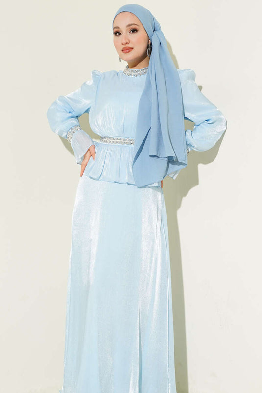 Evening Dress with Ribbon and Stone Decoration Baby Blue