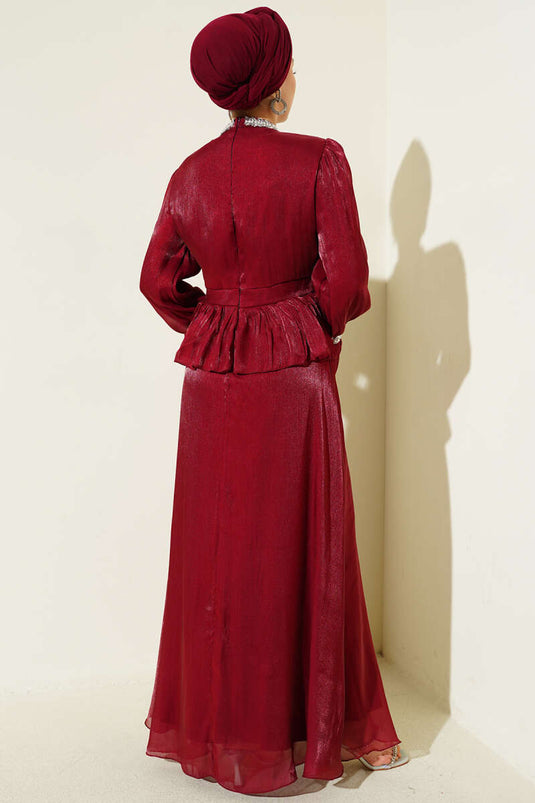 Evening Dress with Stripe Stone Decoration Burgundy