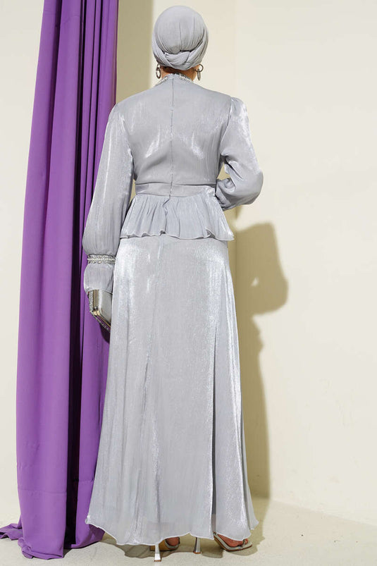 Evening Dress with Ribbon and Stone Decoration Gray