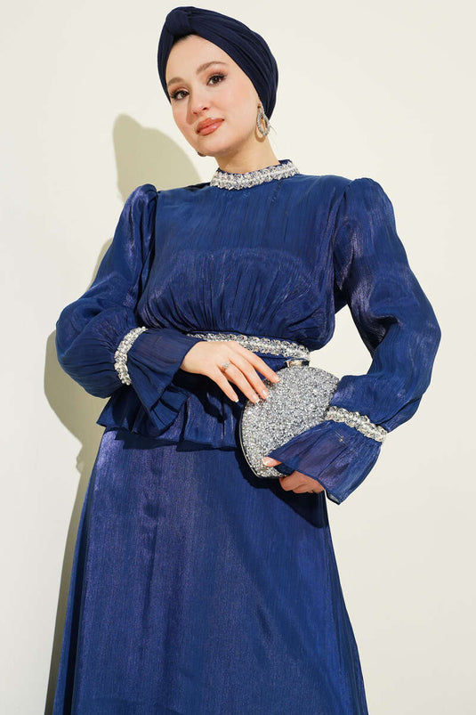 Evening Dress with Ribbon and Stone Decoration Navy Blue