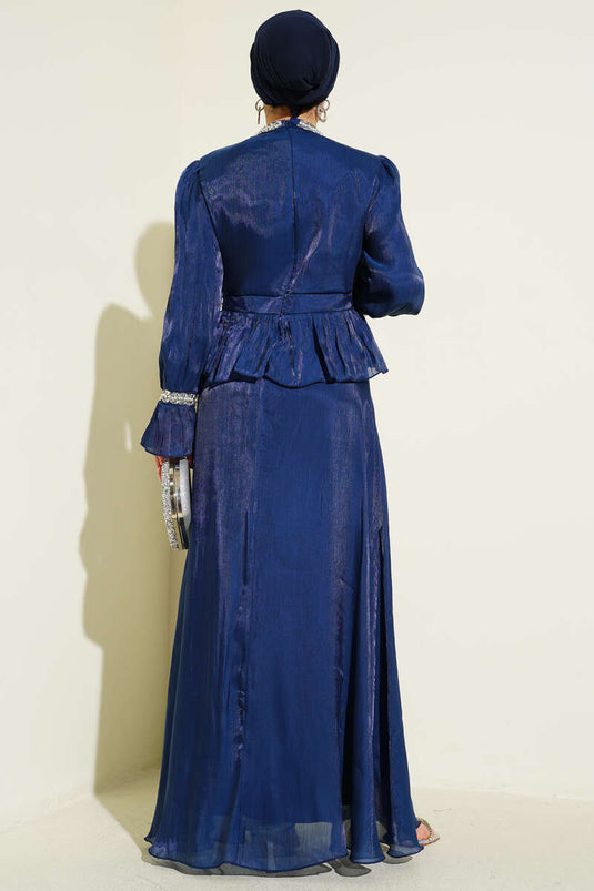 Evening Dress with Ribbon and Stone Decoration Navy Blue