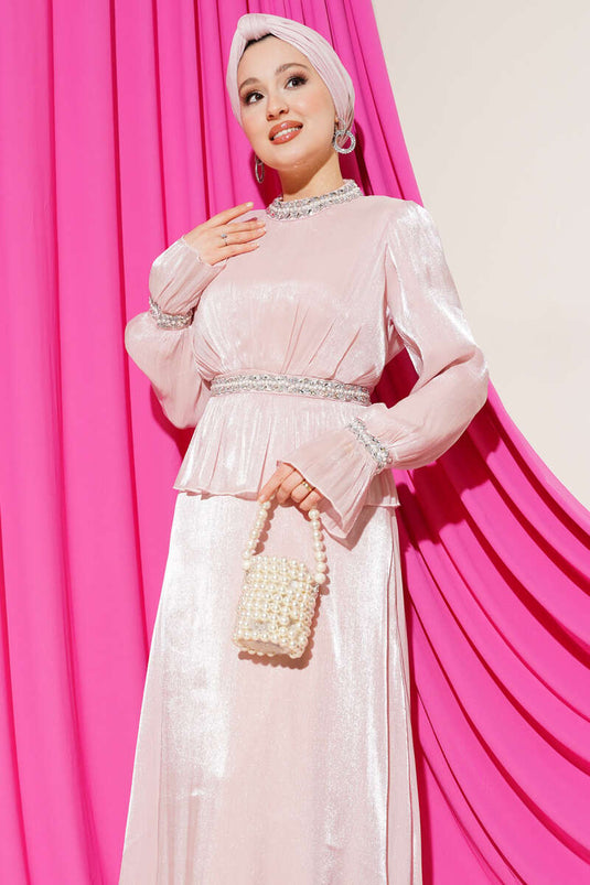 Evening Dress with Ribbon and Stone Embellishment in Powder Pink