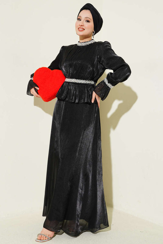 Evening Dress with Ribbon and Stone Decoration Black