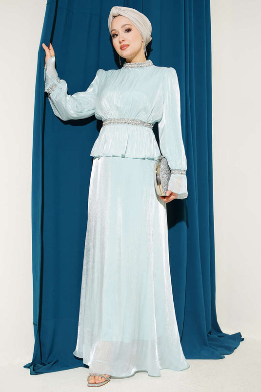 Evening Dress with Stripe Stone Embellishment in Aqua Green