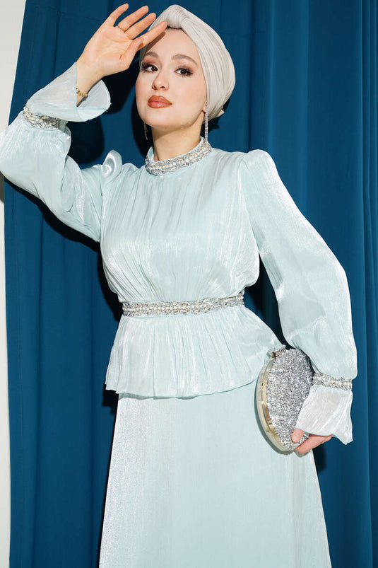 Evening Dress with Stripe Stone Embellishment in Aqua Green