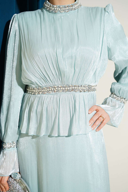 Evening Dress with Stripe Stone Embellishment in Aqua Green