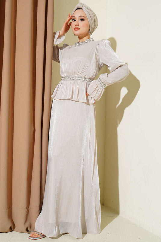 Evening Dress with Stone-Trimmed Ribbon Decoration Stone