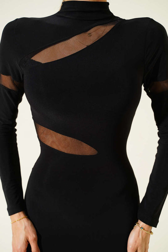 Robe midi noire à rayures transparentes