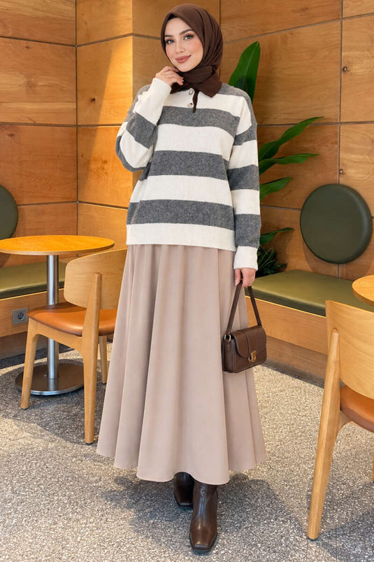 Maglione A Righe Con Bottoni Grigio