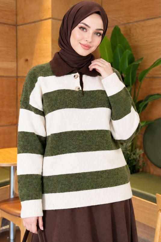 Pull En Maille À Boutons Vert Rayé