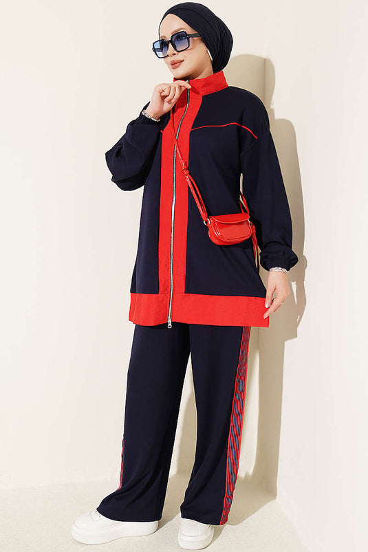 Completo Loysha A Due Pezzi Con Zip A Righe Blu Navy