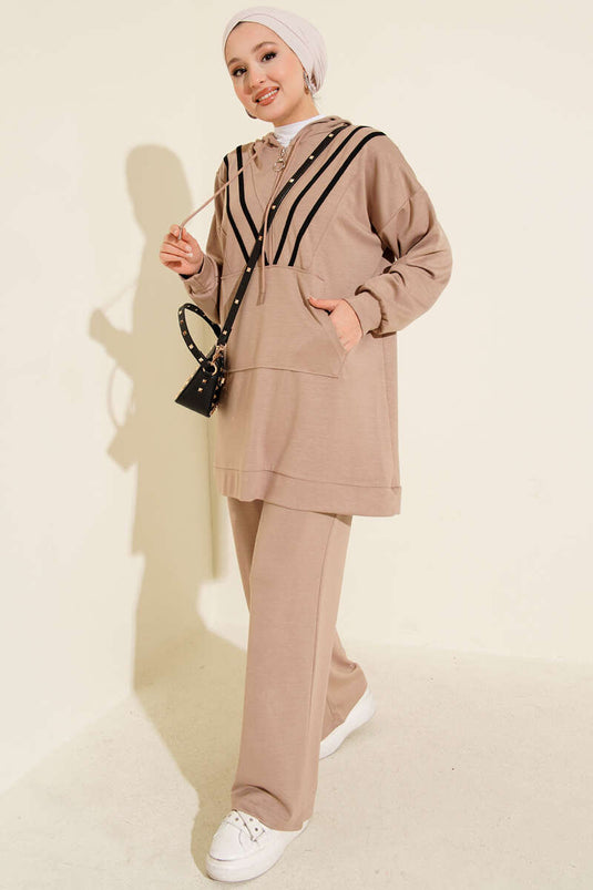 Şeritli Yarım Fermuarlı Loyşa İkili Takım Bej