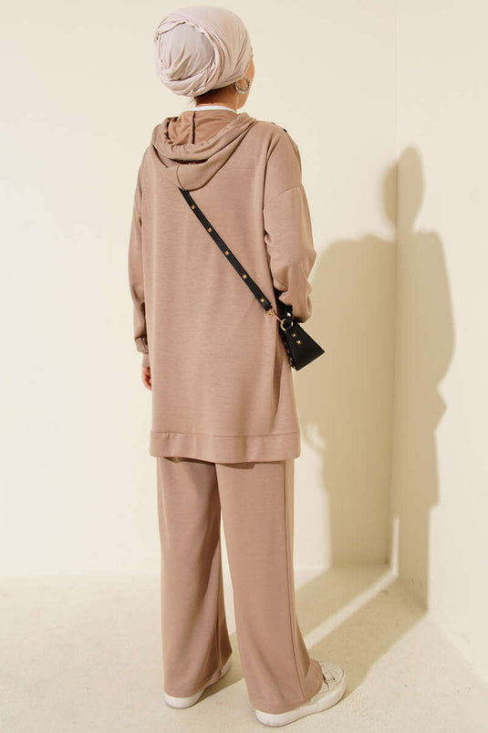 Gestreiftes Loisha-Zweiteiler-Set mit halbem Reißverschluss, Beige