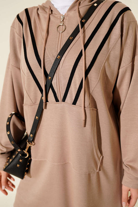 Şeritli Yarım Fermuarlı Loyşa İkili Takım Bej