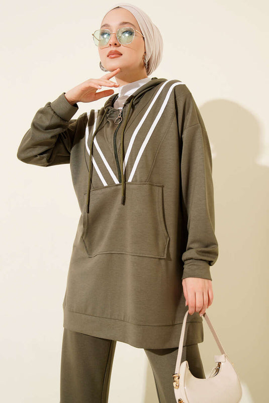 Gestreiftes Loisha-Zweiteiler-Set mit halbem Reißverschluss, Khaki