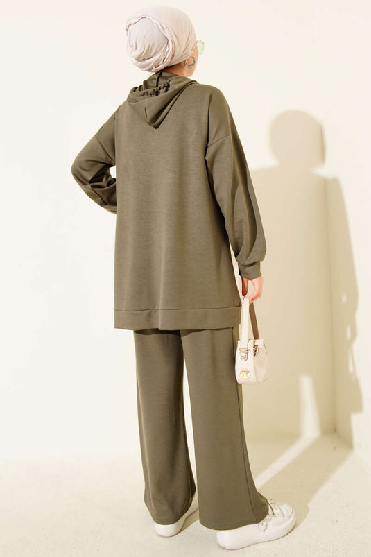 Gestreiftes Loisha-Zweiteiler-Set mit halbem Reißverschluss, Khaki