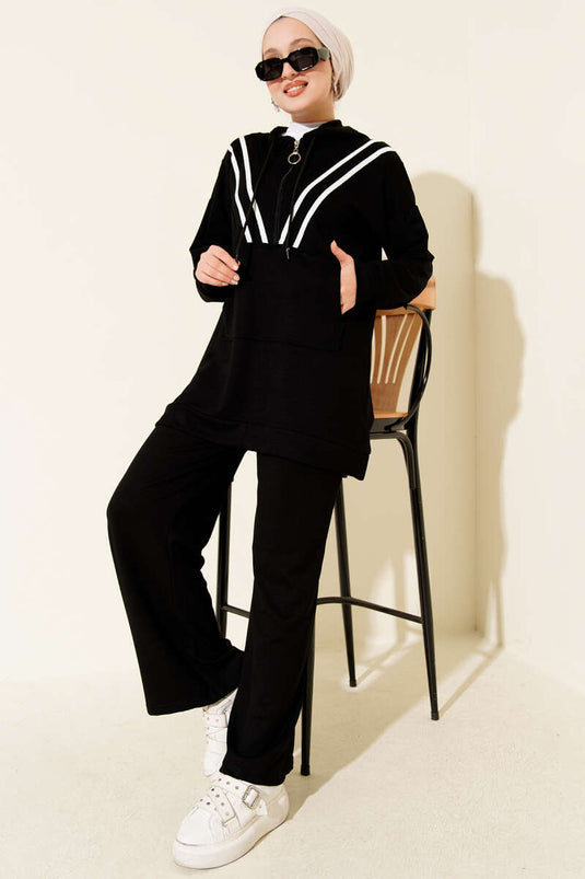 طقم لويشا المخطط بنصف سحاب، قطعتين، أسود