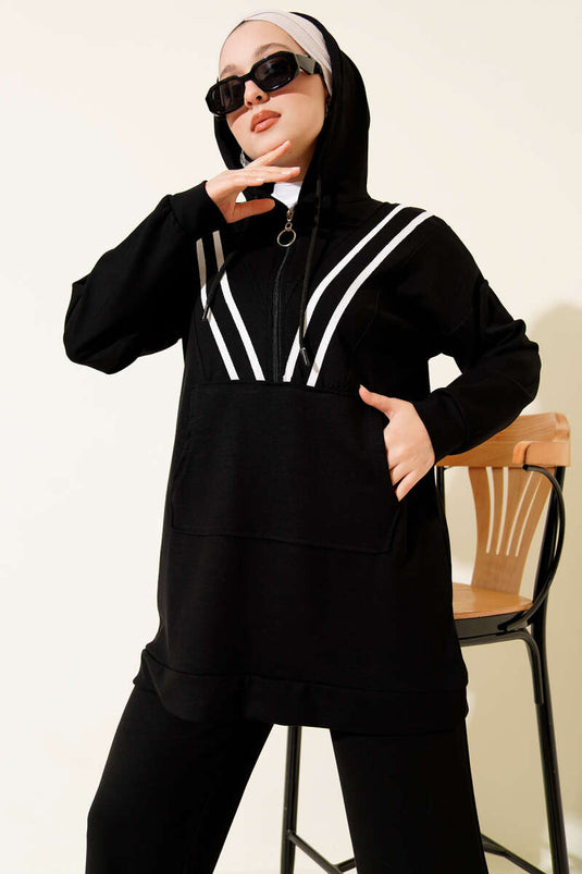 Gestreiftes Loisha-Zweiteiler-Set mit halbem Reißverschluss, Schwarz