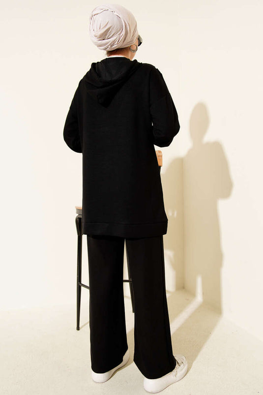 Gestreiftes Loisha-Zweiteiler-Set mit halbem Reißverschluss, Schwarz