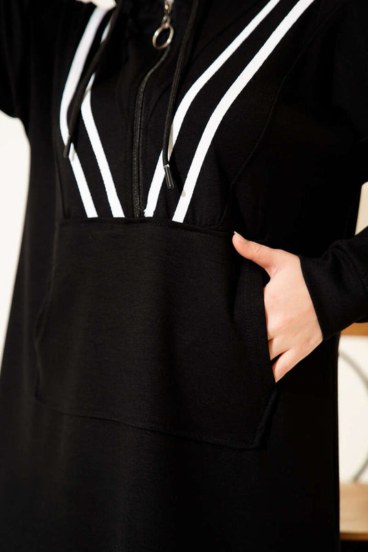 طقم لويشا المخطط بنصف سحاب، قطعتين، أسود