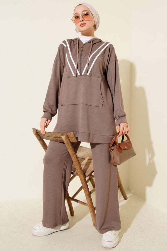 Şeritli Yarım Fermuarlı Loyşa İkili Takım Vizon