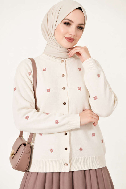 Gilet En Maille Beige À Broderie Florale