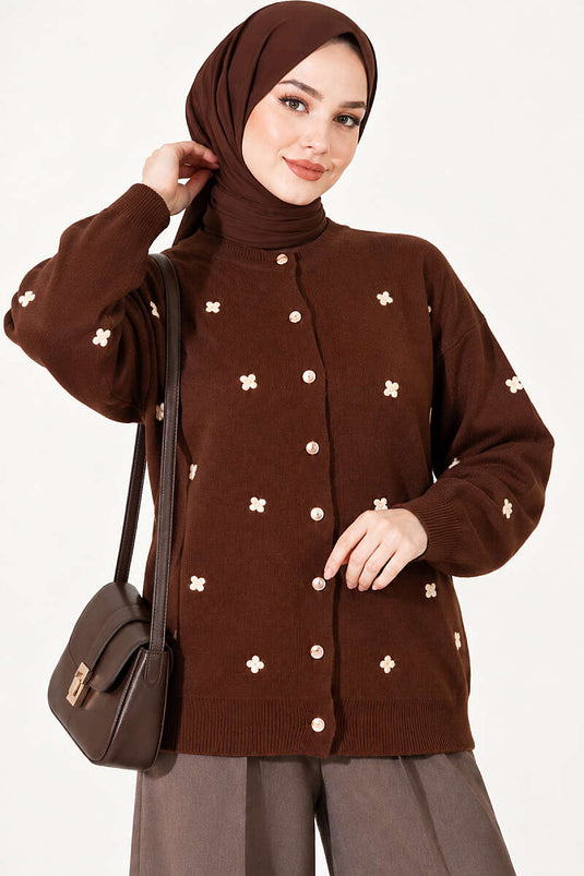 Braune Strickjacke Mit Blumenstickerei