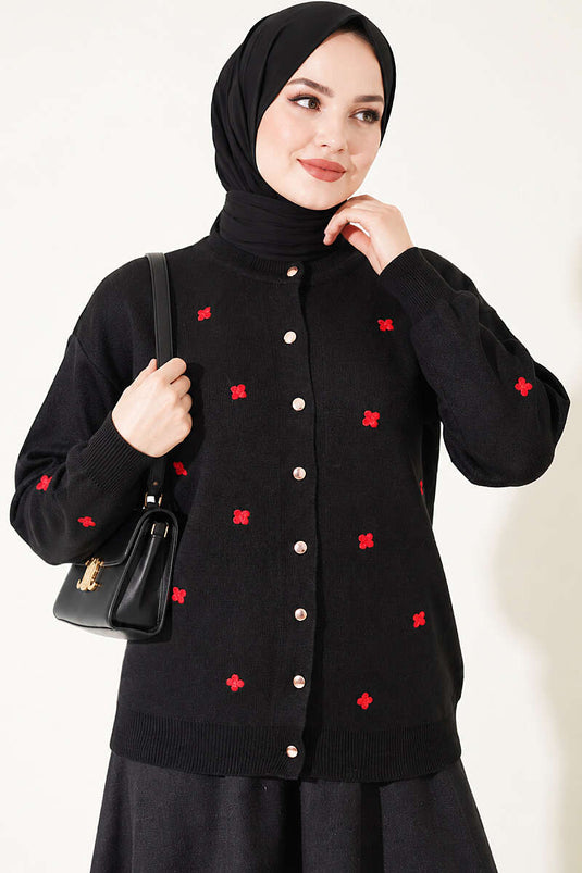 Schwarze Strickjacke Mit Blumenstickerei