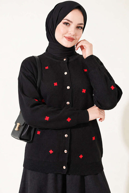 Schwarze Strickjacke Mit Blumenstickerei